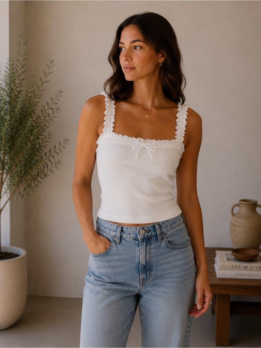 Anthropologie White Ribbed Lace-Trim Tank Top